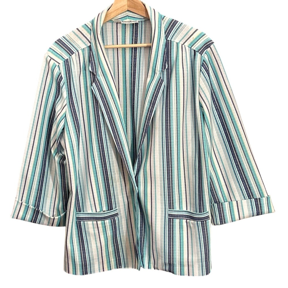 Vintage Alfred Dunner Teal Blue Striped Open Front Blazer Jacket Womens Size 16